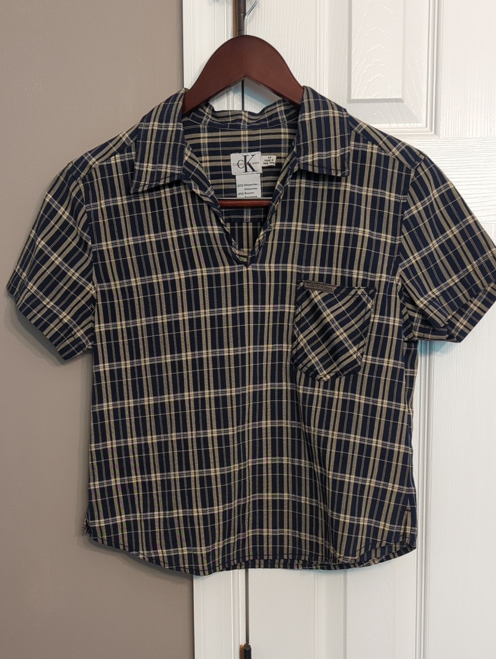 Vintage Calvin Klein Plaid V-Neck Short Sleeve Top Navy Beige Dark Academia